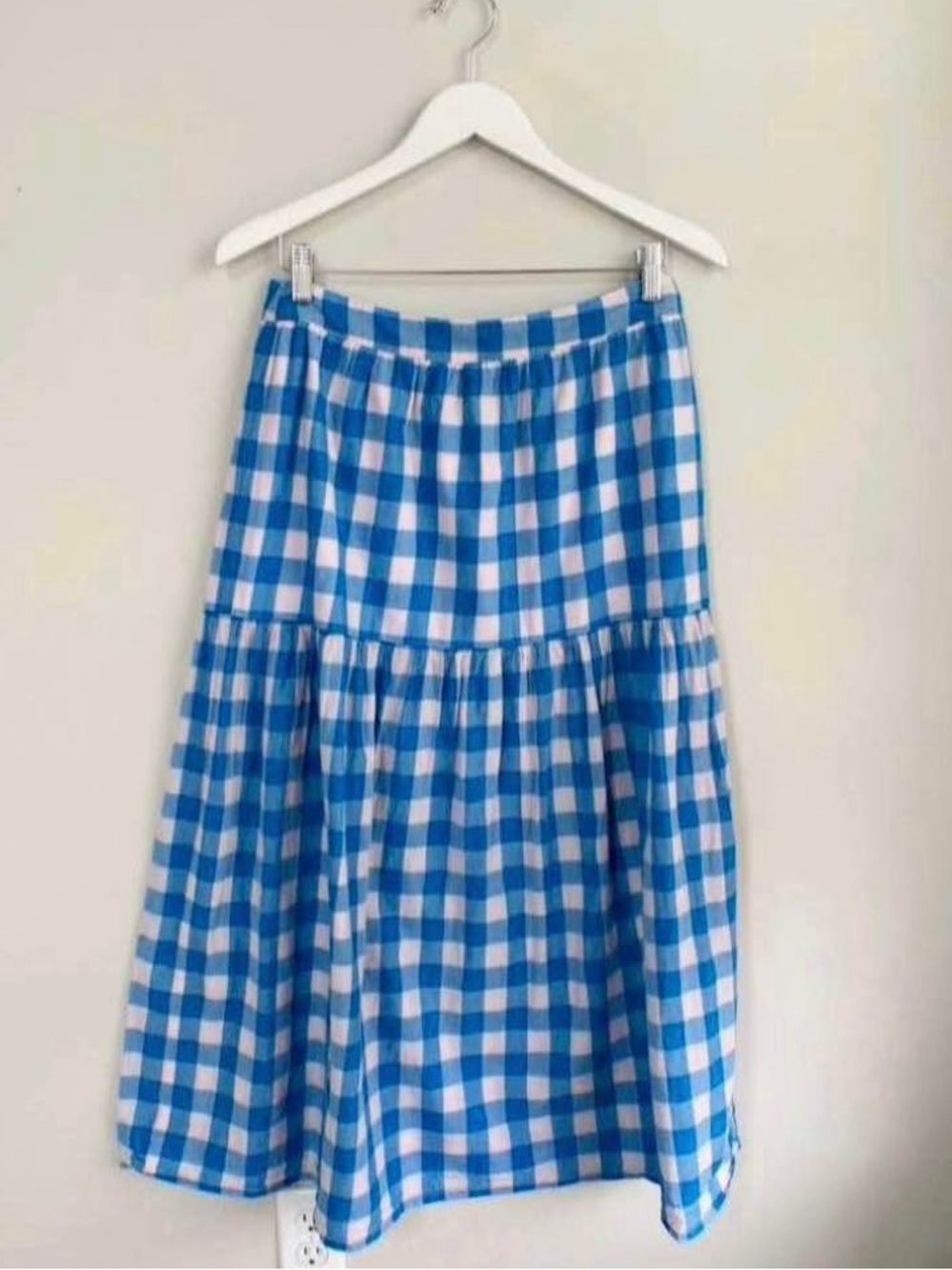 Nasty Gal Blue and White Gingham Tiered Midi Skirt